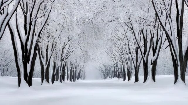 Serene Winter Wonderland, Snowy Tree Path, Tranquil Scenery