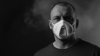 Man wearing a mask in a smoky environment, conveying concern