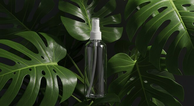 Refill Plastic Spray Bottle Mockup with Tropical Leaves Eco-Friendly Packaging Design Concept