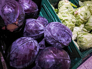 Fresh purple and green cabbages arranged in baskets showcasing vibrant colors and textures in a...