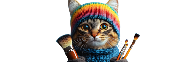 Cat in rainbow knit hat holding brushes, blue background, studio lighting, creative theme