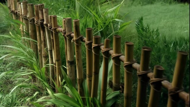 Handcrafted bamboo fence borders a lush, tropical garden with vibrant green foliage and textured rustic ropes in a serene outdoor setting.