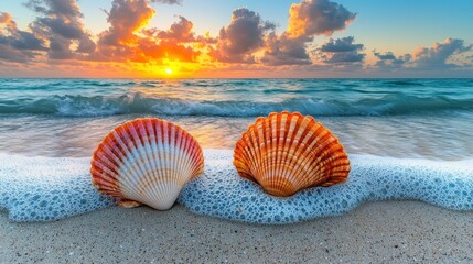 Obraz premium Seashells sit on beach, sunrise over ocean