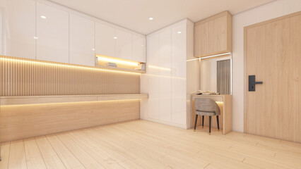 Modern minimalist style empty room decorated with work desk and wood wardrobe, wood dressing table. 3d rendering