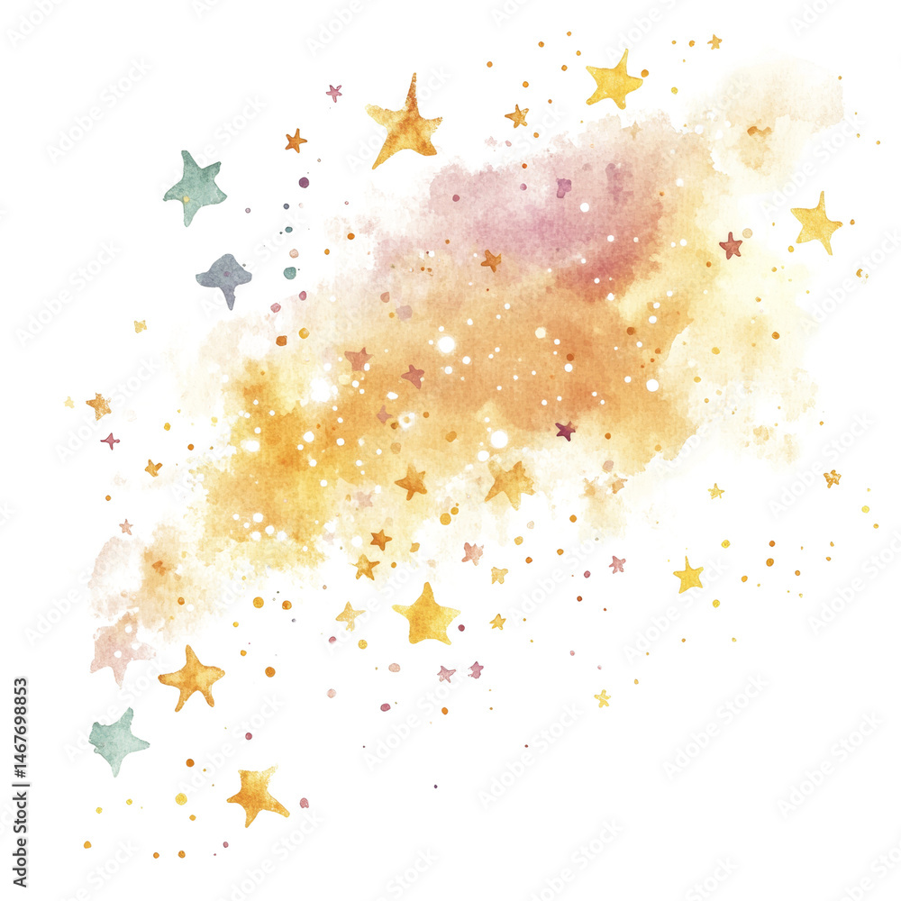 Poster celestial watercolor stain with shimmering stars, a whimsical dreamscape element on transparent sett