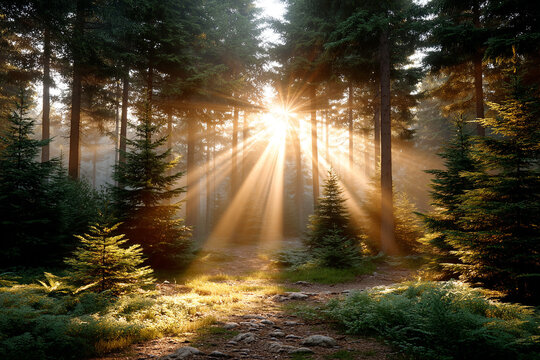 Misty pine forest at dawn with golden sunbeams piercing fog 32k, full ultra hd, high resolution