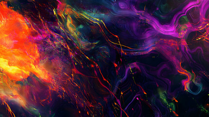 Vibrant abstract cosmic flow in fiery orange and deep violet hues backdrop