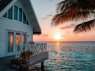 Serene sunset over calm waters beside a tropical beach house retreat