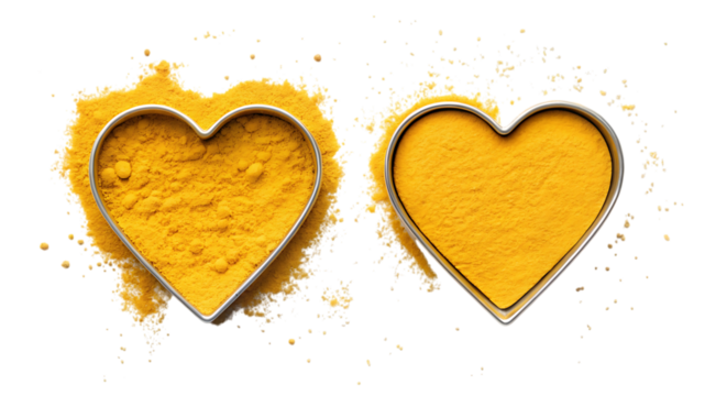 Turmeric powder in heart shapes, culinary spice on transparent PNG background