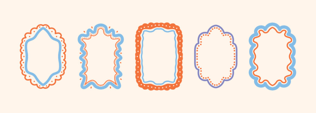 Set of Bright Colorful Wavy Frames with Dotted and Curved Borders. Stamp Inspired Hand Drawn Mediterranean Ornament Borders. Flat Vector Illustration Isolated on Light