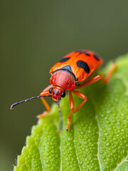 Naklejka premium Closeup on a colorful sap-sucking red firebug or soldierbug, Pyrrhocoris apterus, sitting on a green leaf