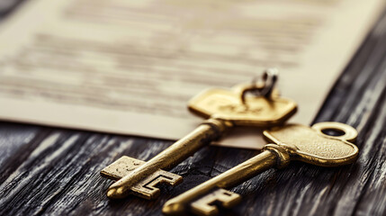 Two golden keys crossing on dark wooden table symbolizing business merger and company acquisition, corporate takeover and partnership concept.