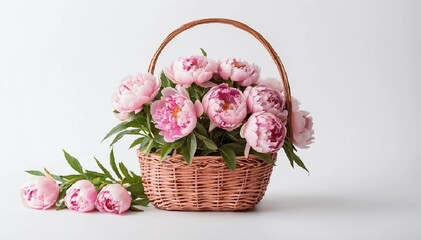 Obraz premium A charming wicker basket brimming with lush pink peonies, their petals in full bloom, creating a delightful and vibrant floral arrangement. AI generated. 
