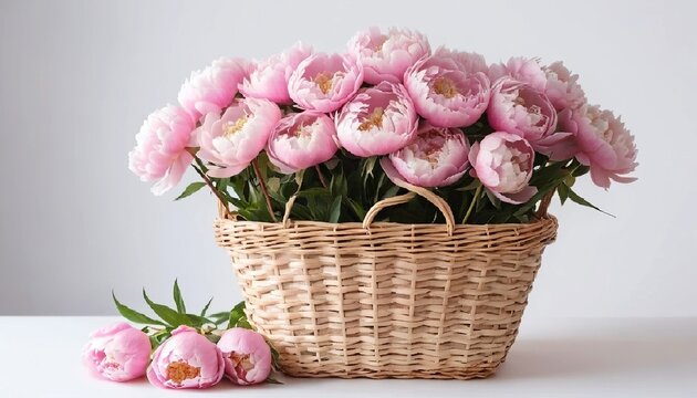 A charming wicker basket brimming with lush pink peonies, their petals in full bloom, creating a delightful and vibrant floral arrangement. AI generated.
