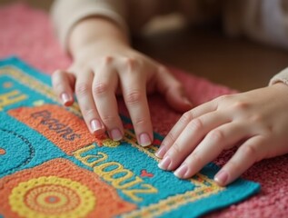 Girl's hands carefully hold a colorful, educational children's prayer mat.
