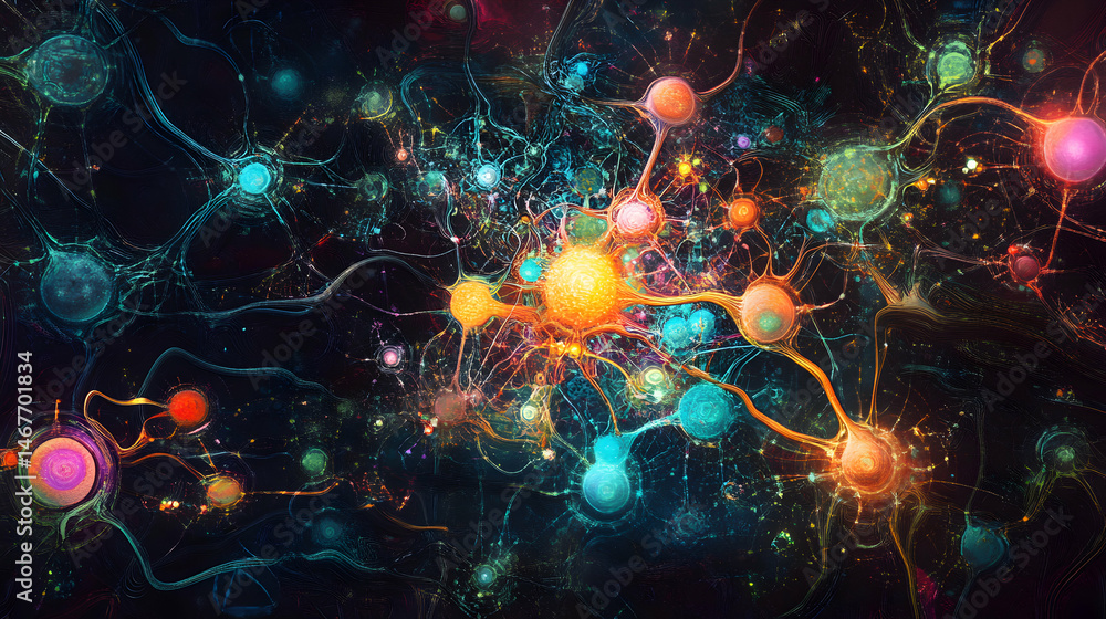 Poster vivid neural network illustration displaying interconnected neuron pathways