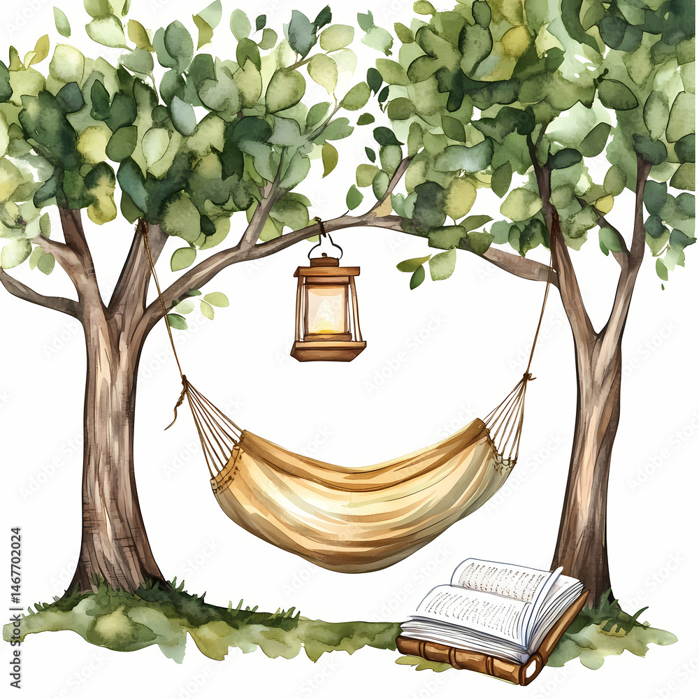 Aufkleber hammock between trees with a lantern and a book in a serene setting generative ai