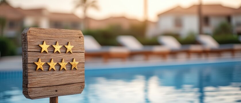 A wooden sign displays seven golden stars representing a top rating at a luxurious resort beside a sparkling blue swimming pool for vacationers.