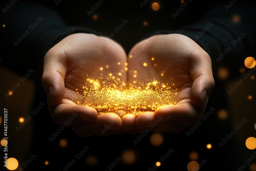 Poster hands hold glowing golden particle dust in dark bokeh background
