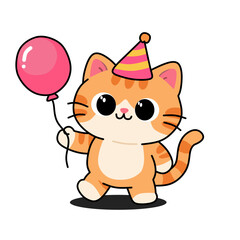 Adorable cartoon orange cat holding a red balloon and wearing a striped birthday hat. Perfect for birthday cards, kids party invitations, fun greeting designs, and celebration-themed graphics.