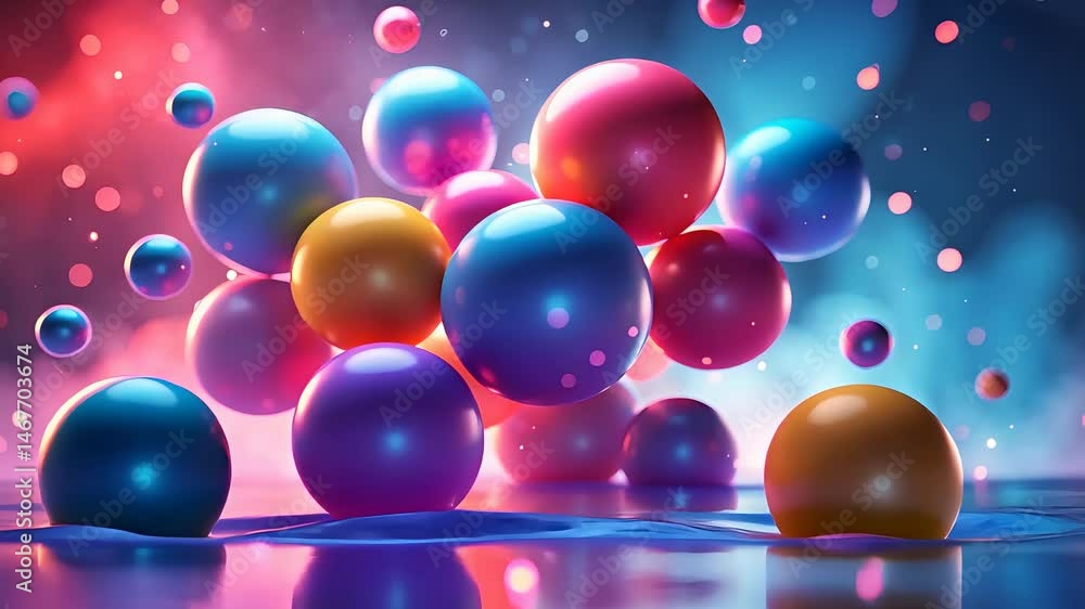 Poster a collection of colorful, glossy spheres floating on a reflective surface, surrounded by a vibrant m