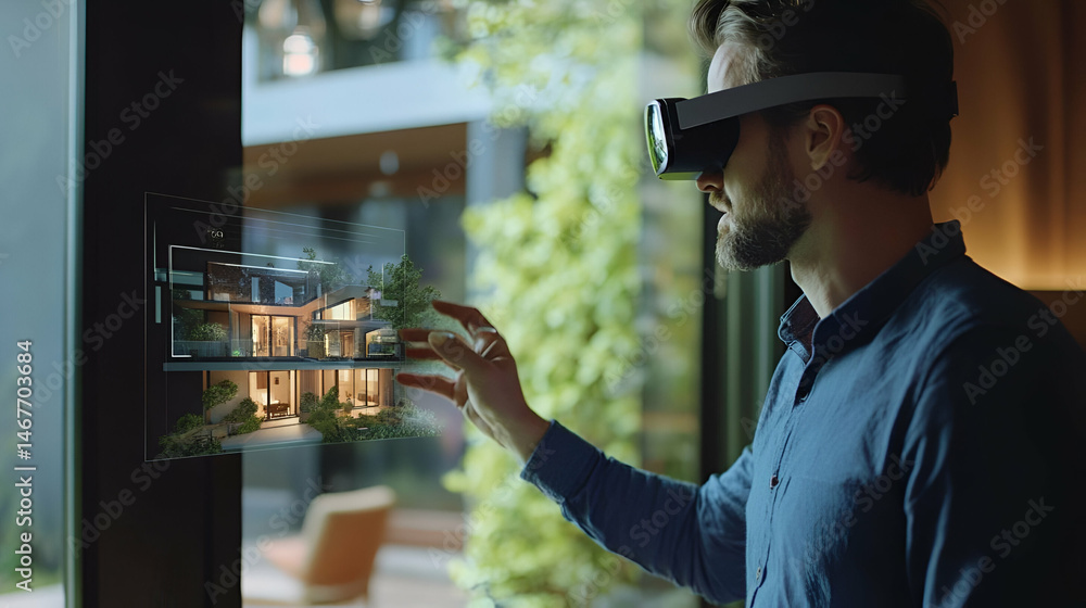 Poster man using virtual reality headset to explore 3d house model