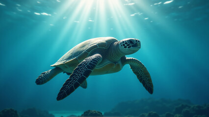 Obraz premium Gentle Sea Turtle Gliding Through Azure Waters