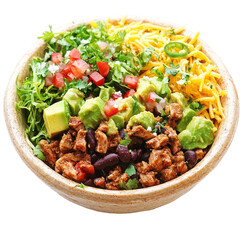 Freshly prepared bowl with seasoned chicken, black beans, and vibrant toppings in a casual dining atmosphere