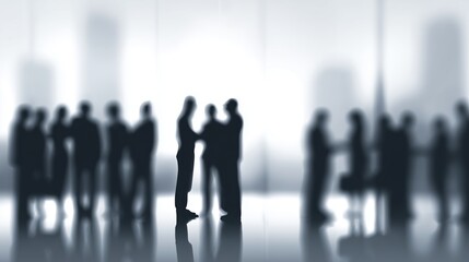 Groups of business professionals engage in conversation in a blurred modern office setting, reflecting communication and interaction