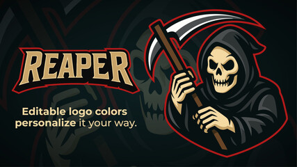 Grim Reaper Mascot Logo – Editable Vector Skull with Scythe for Esports, Teams and Gaming Branding