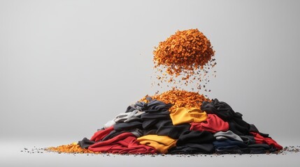 A pile of discarded clothing is being covered by falling orange particles in a conceptual image representing textile waste pollution problem.