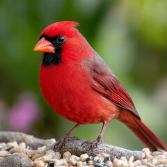 Northern Cardinal perching on branch or flying up to bird feeder for a bite of sunflower seeds