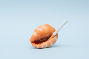 Conceptual photo of shell with cigarette on pastel blue background..Creative minimalism for...