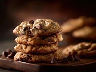 Obraz premium Deliciously baked chocolate chip cookies stacked on wooden board