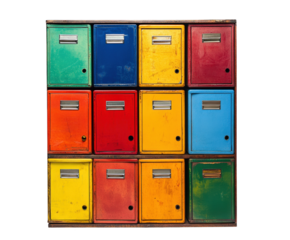 Colorful mailbox arrangement urban vibrant aerial view design isolated on transparent background