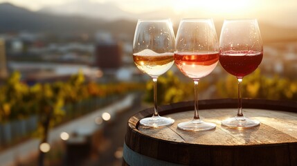 Three glasses of white, rosé, and red wine stand on a wooden barrel against the background of the vineyards at sunset with warm golden light.