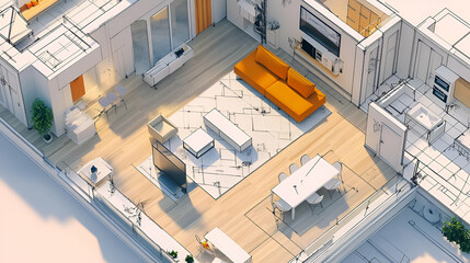 Modern Apartment Interior Design Isometric View