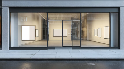 Fototapeta premium Modern Art Gallery Storefront with Blank Canvas Displays