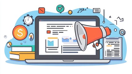 Laptop with megaphone illustration for promotional marketing campaign and online advertising strategy vector design concept for business