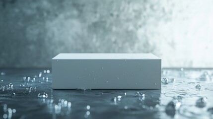 Naklejka premium Minimalist white box on wet surface with water droplets