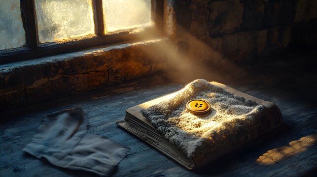 Retro buttons and old books in the sunshine