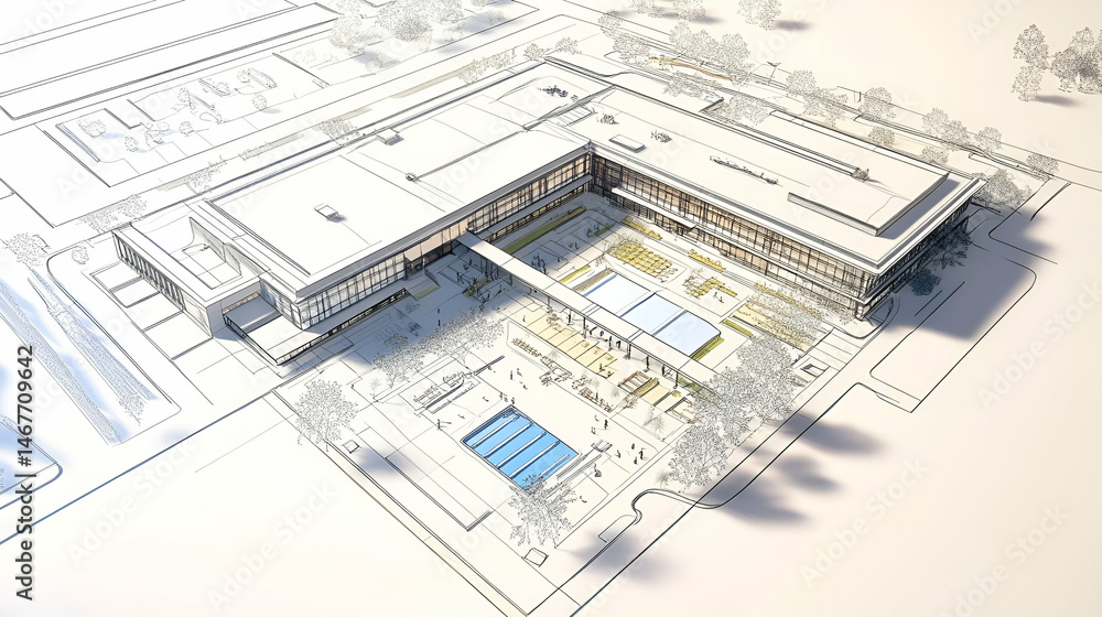 Poster modern building architectural model with pool and grounds
