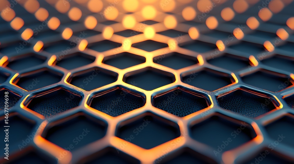 Poster dark moody hexagon grid pattern with orange glowing lights
