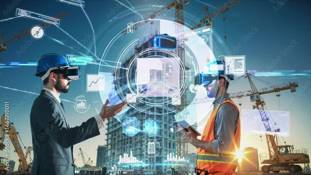 Poster two men with virtual reality headsets interact with holographic building model. construction site wi
