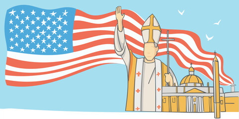 The new Pope greets his election with a white smoke with American flag. Horizontal vector illustration.