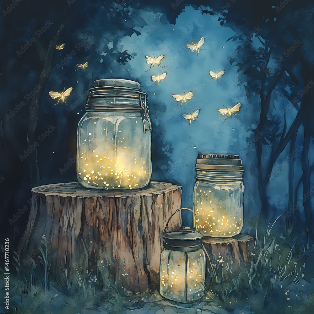 Poster magic jars illuminate a forest clearing at twilight with fluttering moths generative ai