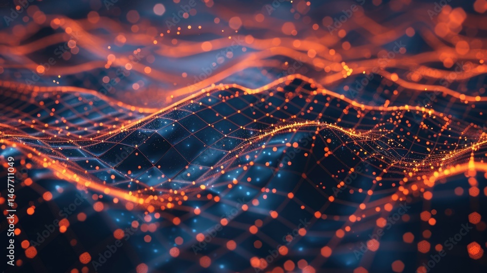 Aufkleber abstract wavy grid with vibrant red and blue lighting. digital art of digital wave made from glowing