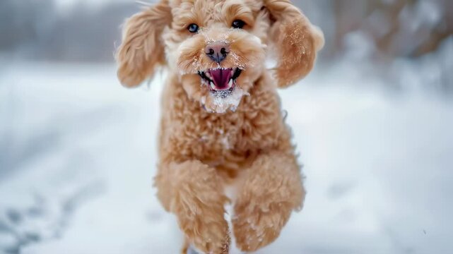 Curly Labradoodle dog running through snowy landscape, wearing blue tag, mouth open in excitement, ears flying. Snowflakes scattered around energetic dog.