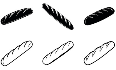Black and White Baguette Bread Silhouette Icons Collection