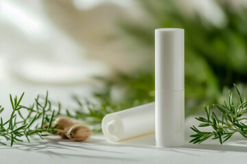 Blank white lip balm tubes with natural elements